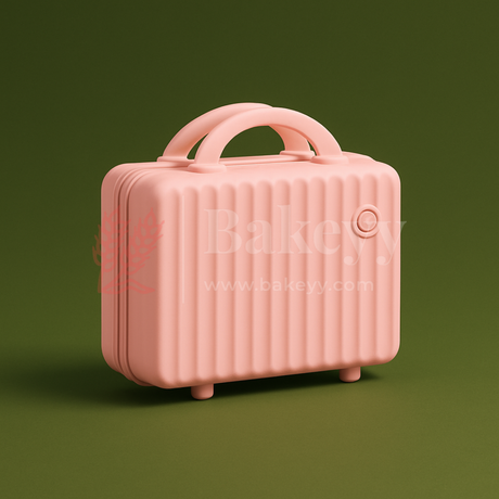 Pink suitcase with handle on a green background