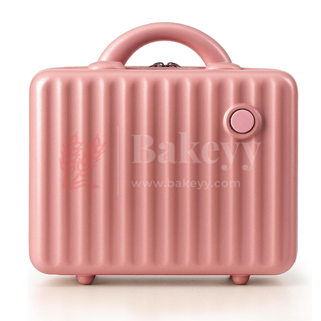 Pink makeup case with handle and wheel on a white background, featuring the Bakeyy brand.