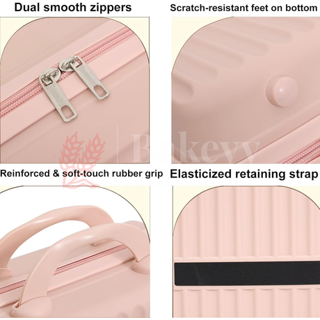 Pink suitcase with features highlighted on a white background