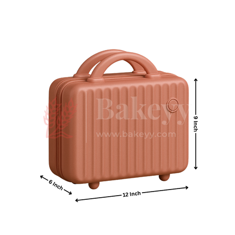 Brown suitcase with dimensions on a white background, featuring the Bakeyy brand.