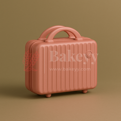 Pink suitcase with 'Bakeyy' branding on a brown background