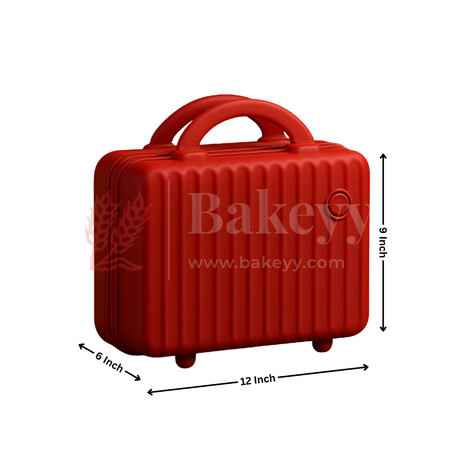 Red suitcase with dimensions labeled on a white background, featuring the brand 'Bakeyy'.