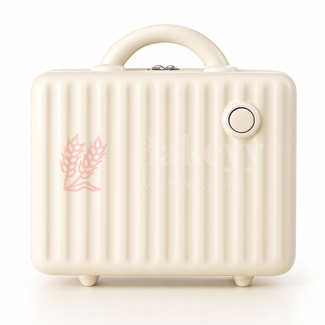 Cream-colored suitcase with a pink feather design on a white background