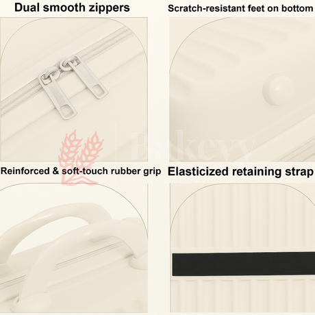 Product features with text labels on a beige background