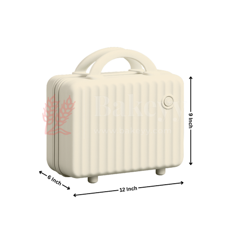 Small cream-colored suitcase with dimensions indicated on a white background