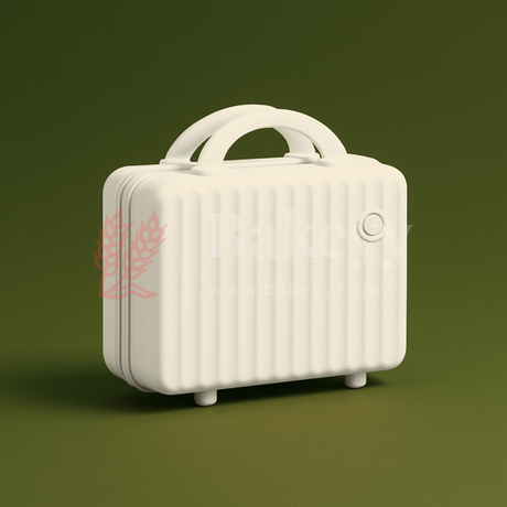 White suitcase with handle on a green background