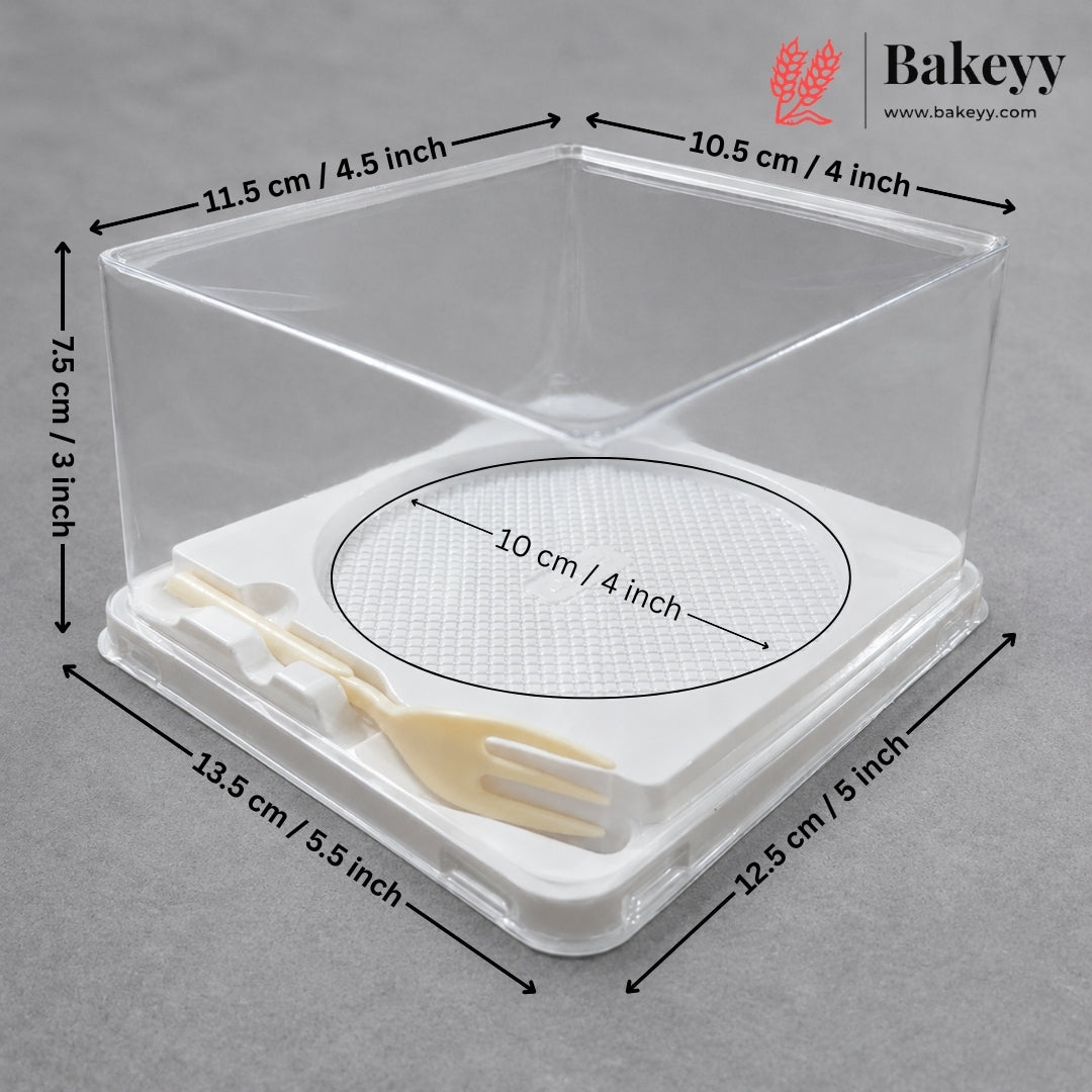 Clear plastic square storage container with a white lid, shown with overlaid dimension arrows and labels including Bakeey branding on a gray background.