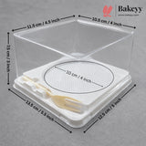Clear plastic square storage container with a white lid, shown with overlaid dimension arrows and labels including Bakeey branding on a gray background.