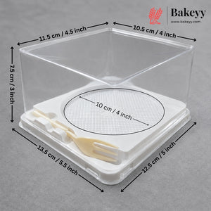 Clear plastic square storage container with a white lid, shown with overlaid dimension arrows and labels including Bakeey branding on a gray background.