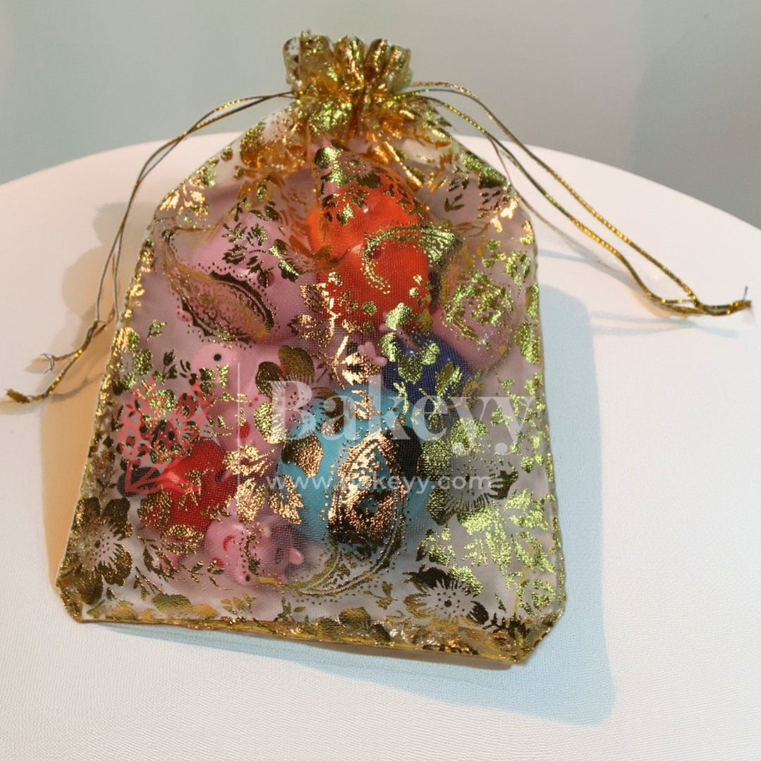 13x18 cm | Printed Organza Potli Bags | Gold Colour with Flower Design | Candy Bag |Pack of 70