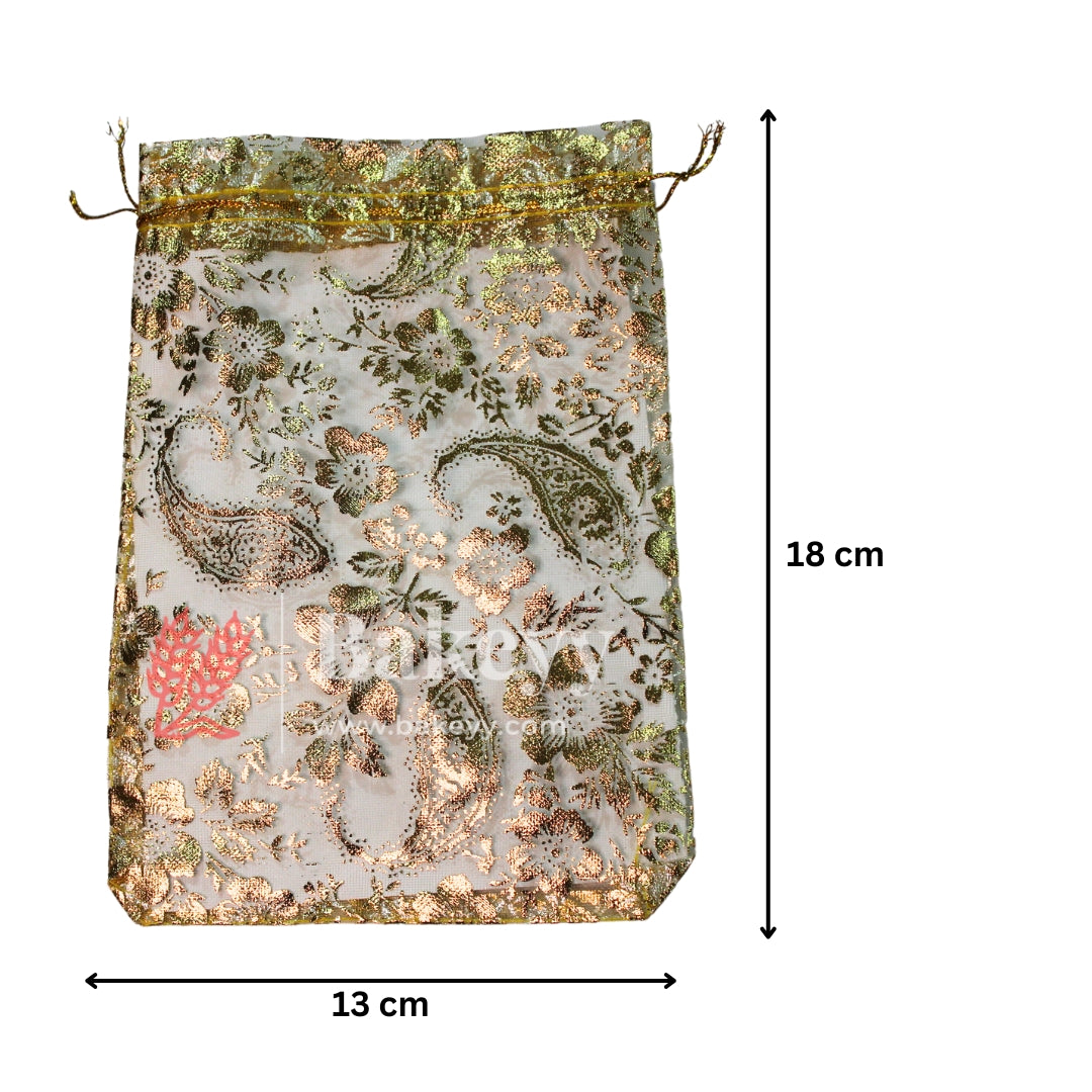 13x18 cm | Printed Organza Potli Bags | Gold Colour with Flower Design | Candy Bag |Pack of 70