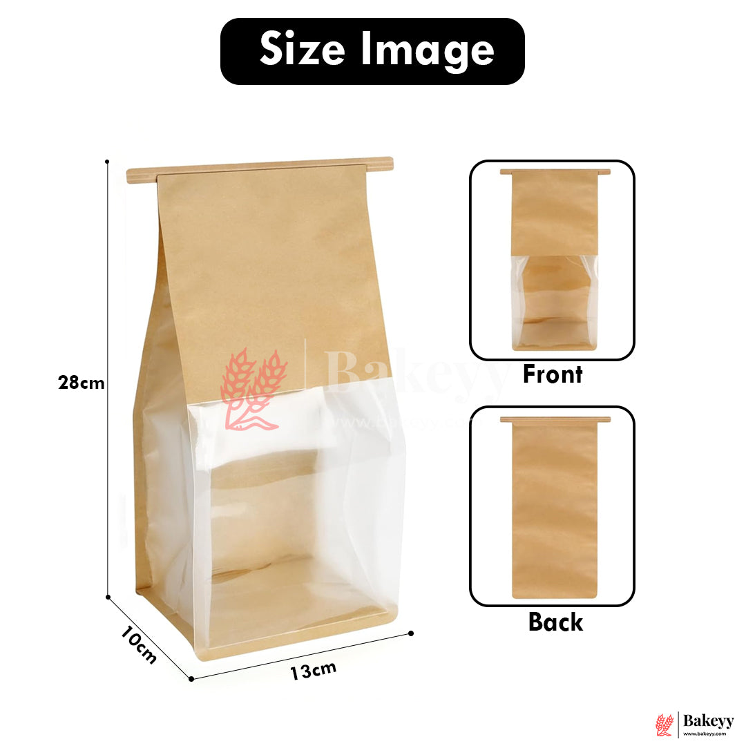 13x28x10Cm  Kraft Bread Bags with Transparent Window – Food-Grade & Stylish | Kraft Paper Pouches for Fresh Bakes | Baked Foods Packaging Storage | Pack Of 50