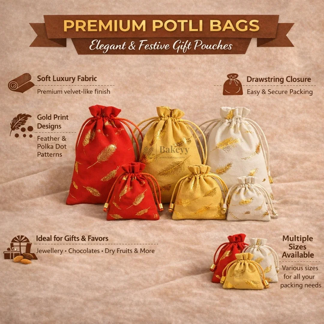 Premium Velvet Potli Bags for Gifting & Packaging l gold feather print Potil Bags l Pack of 10 - Bakeyy.com - India - Premium Velvet Potli Bags for Gifting & Packaging l gold feather print Potil Bags l Pack of 10 - Red / 10x14 200.00
