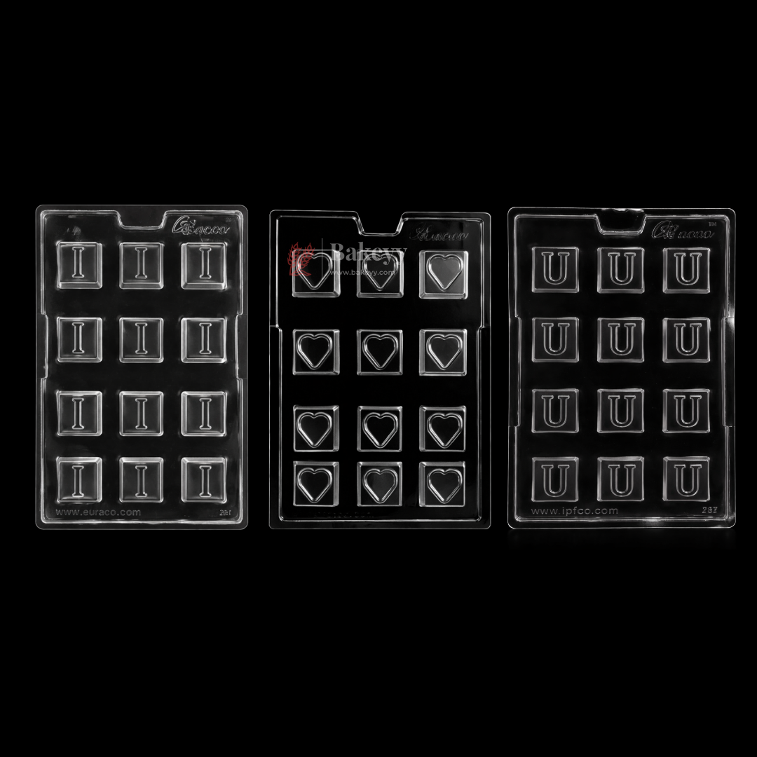 Mould 381, 382, 383 | “I”, Heart & “U” Letter Design | Alphabet & Heart Chocolate Mould | Pack of 1