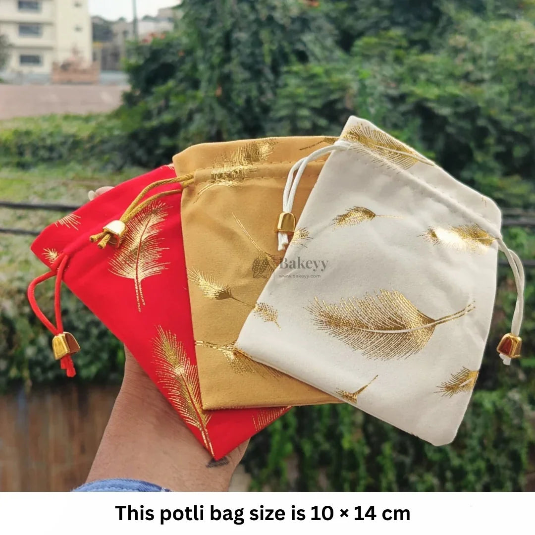 Premium Velvet Potli Bags for Gifting & Packaging l gold feather print Potil Bags l Pack of 10 - Bakeyy.com - India - Premium Velvet Potli Bags for Gifting & Packaging l gold feather print Potil Bags l Pack of 10 - Red / 10x14 200.00