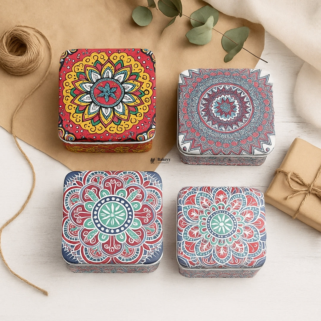6x6x4Cm| Square Mandala Tin Box| Random Print Mandala Tin Box| Pack of 12