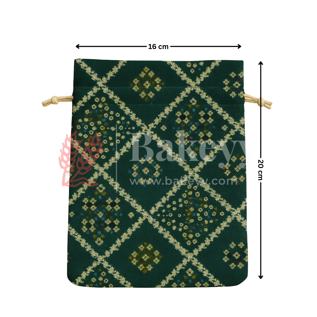 Bandhini Print Potli Bag with Drawstring – Festive Gift Pouch | Dark Green | Pack of 10