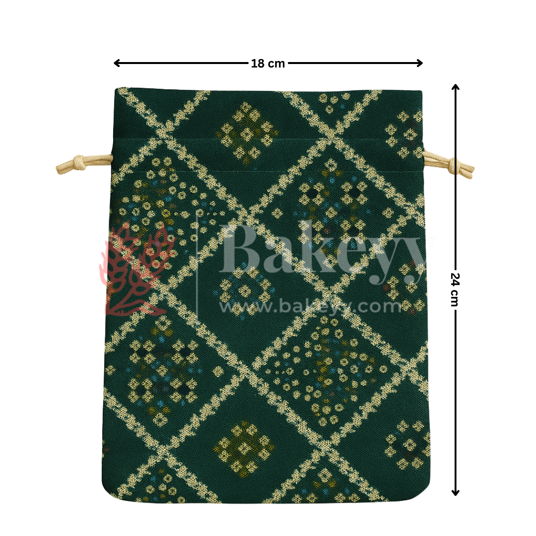 Bandhini Print Potli Bag with Drawstring – Festive Gift Pouch | Dark Green | Pack of 10