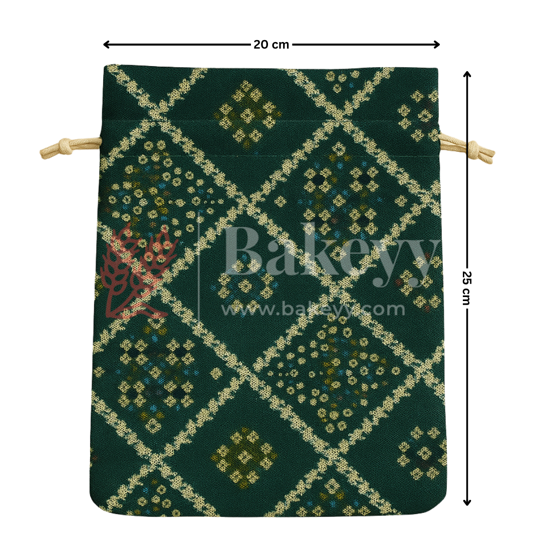 Bandhini Print Potli Bag with Drawstring – Festive Gift Pouch | Dark Green | Pack of 10