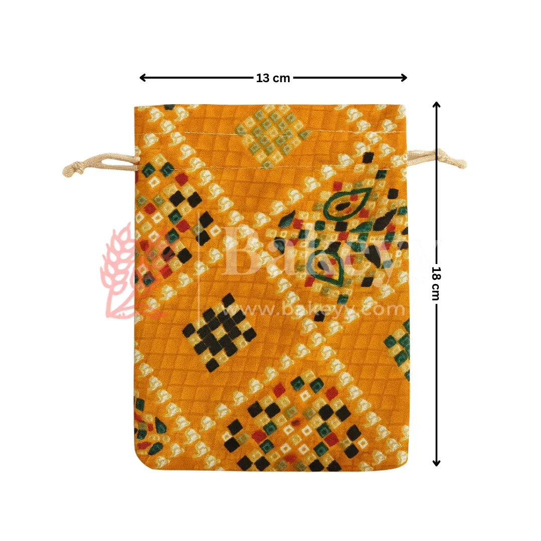 Bandhini Print Potli Bag with Drawstring – Festive Gift Pouch | Yellow | Pack of 10 - Bakeyy.com - India - Bandhini Print Potli Bag with Drawstring – Festive Gift Pouch | Yellow | Pack of 10 - 13x18 cm