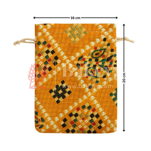 Bandhini Print Potli Bag with Drawstring – Festive Gift Pouch | Yellow | Pack of 10 - Bakeyy.com - India - Bandhini Print Potli Bag with Drawstring – Festive Gift Pouch | Yellow | Pack of 10 - 16x20 cm