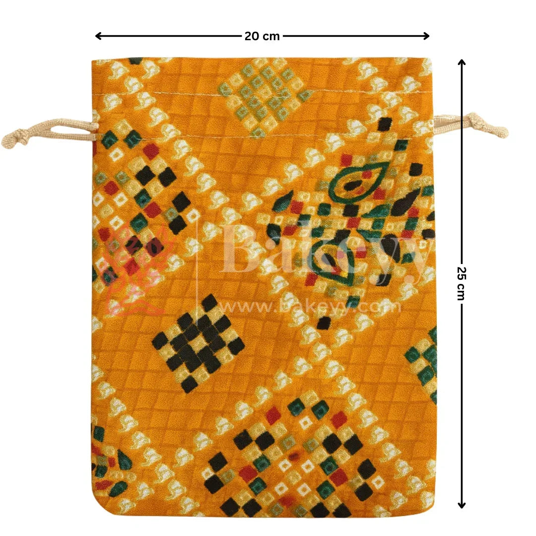 Bandhini Print Potli Bag with Drawstring – Festive Gift Pouch | Yellow | Pack of 10 - Bakeyy.com - India - Bandhini Print Potli Bag with Drawstring – Festive Gift Pouch | Yellow | Pack of 10 - 20x25 cm