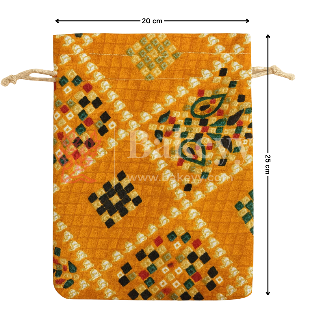 Bandhini Print Potli Bag with Drawstring – Festive Gift Pouch | Yellow | Pack of 10
