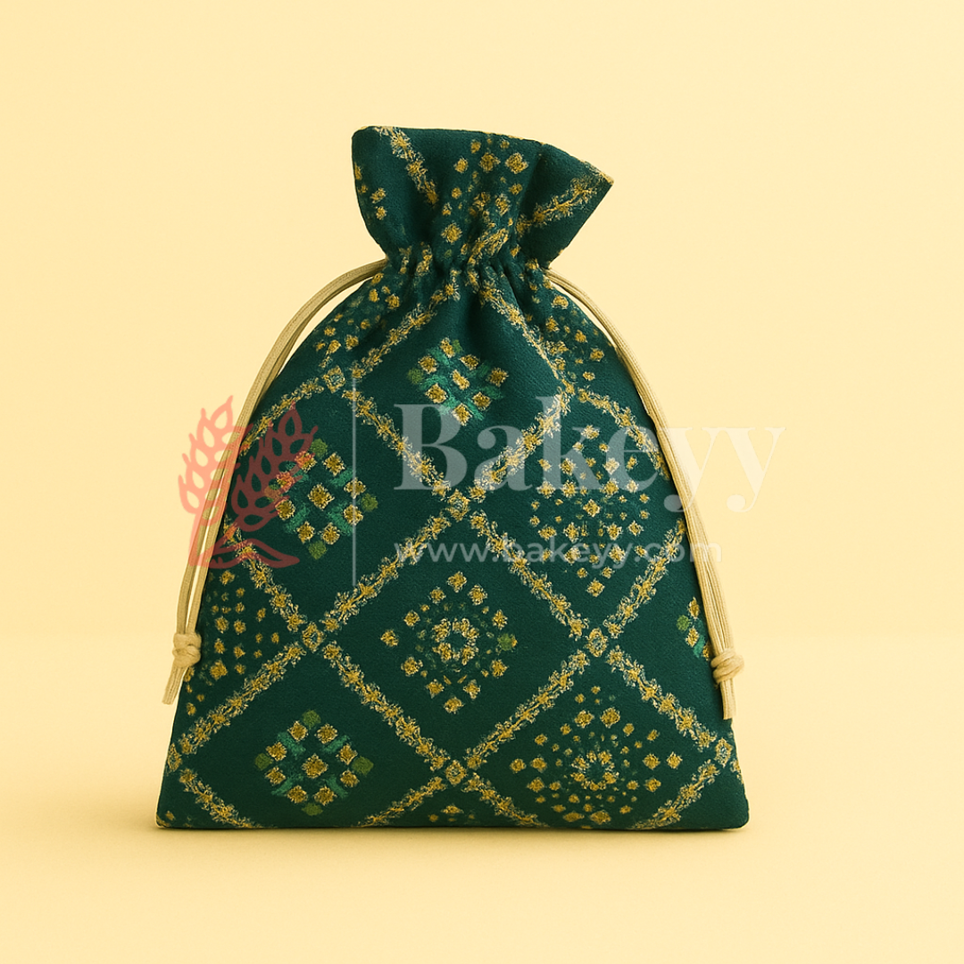 Bandhini Print Potli Bag with Drawstring – Festive Gift Pouch | Dark Green | Pack of 10