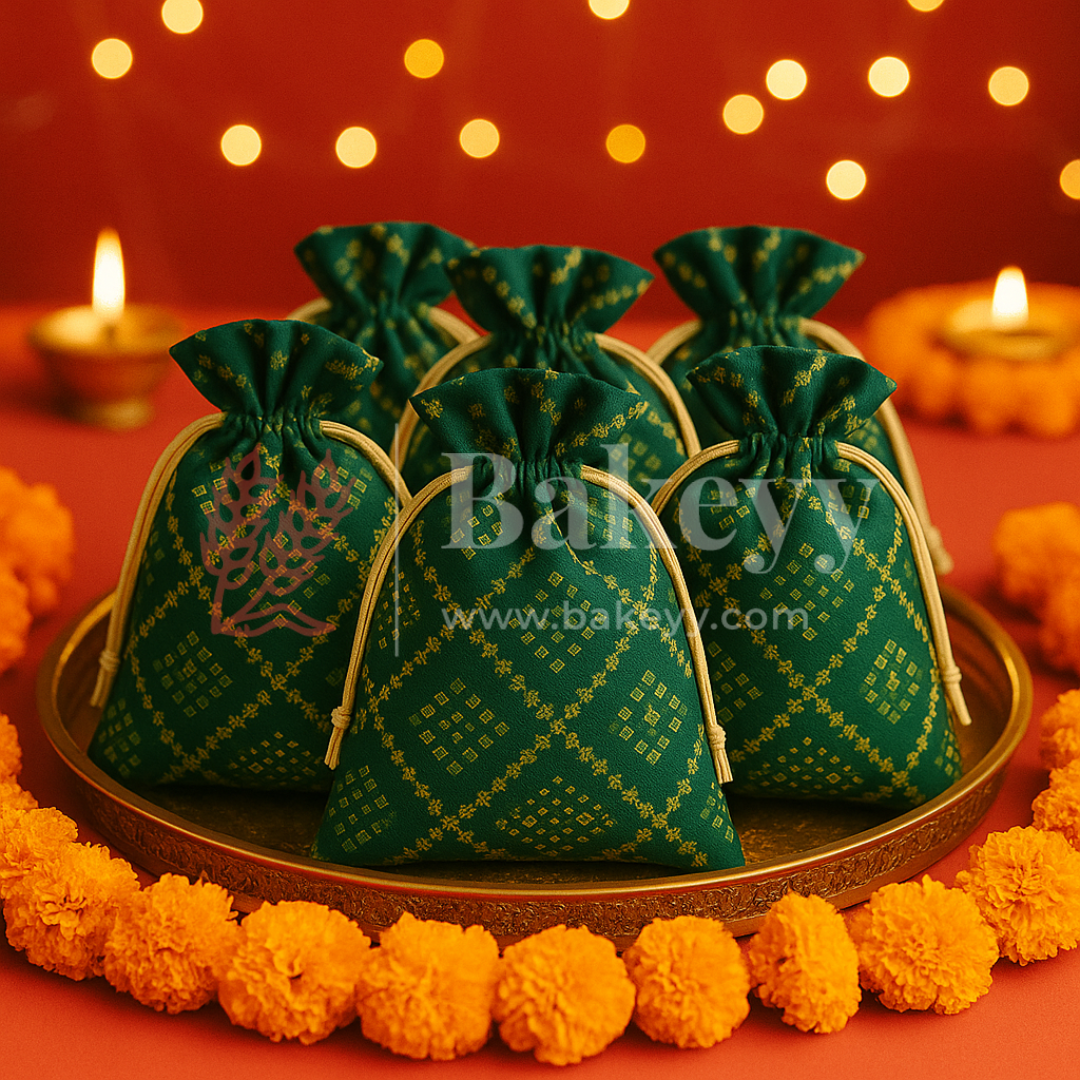 Bandhini Print Potli Bag with Drawstring – Festive Gift Pouch | Dark Green | Pack of 10