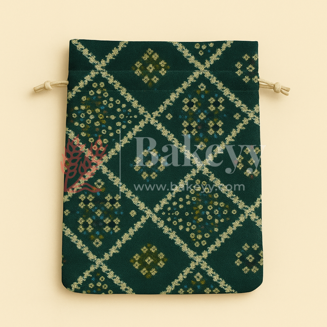 Bandhini Print Potli Bag with Drawstring – Festive Gift Pouch | Dark Green | Pack of 10