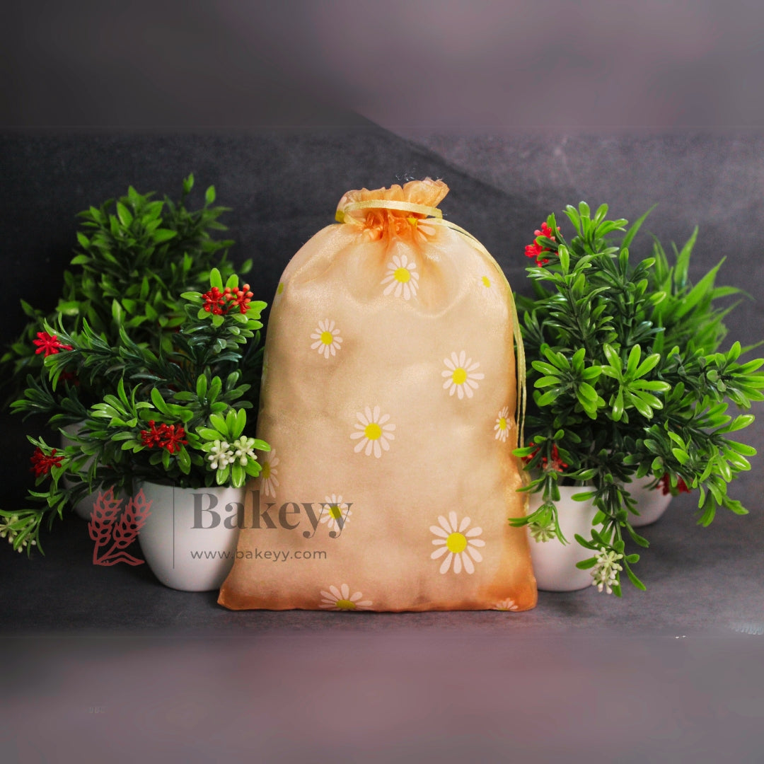 16x20 CM | Floral Organza Potli Bags | Pack of 50 | Orange Color | Candy Bag