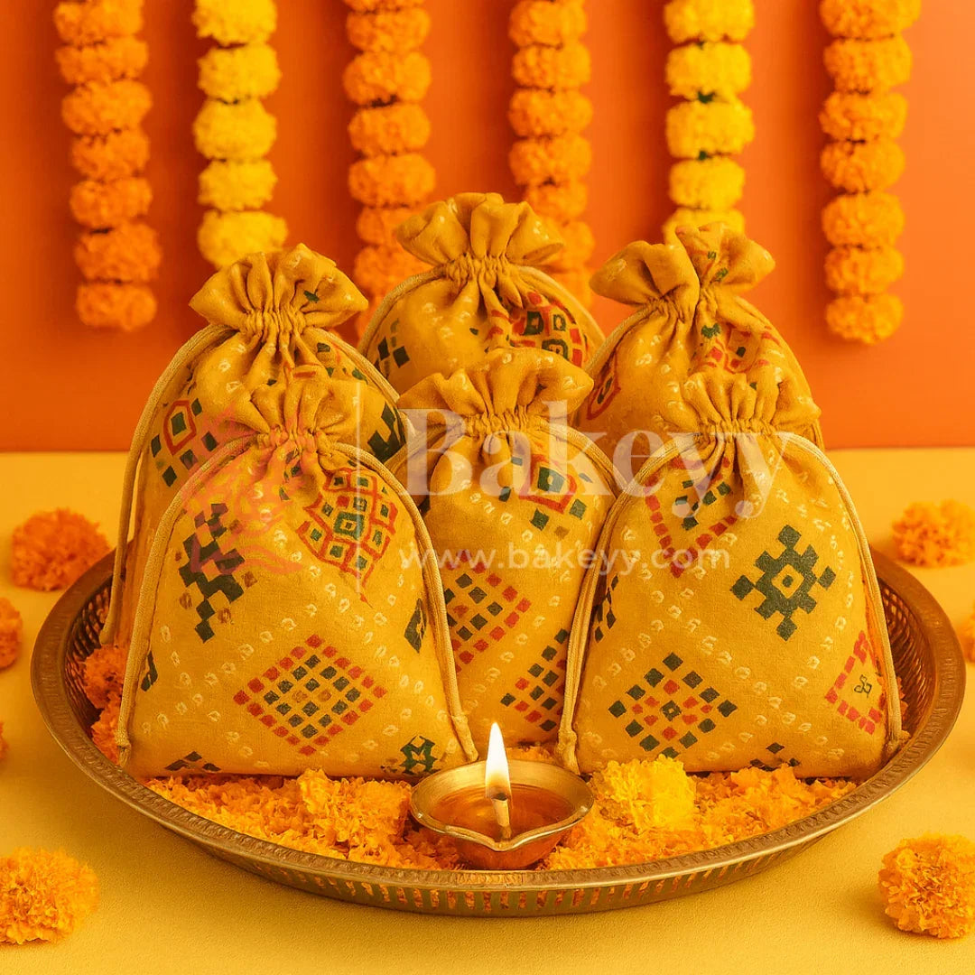 Bandhini Print Potli Bag with Drawstring – Festive Gift Pouch | Yellow | Pack of 10 - Bakeyy.com - India - Bandhini Print Potli Bag with Drawstring – Festive Gift Pouch | Yellow | Pack of 10 - 10x14 cm