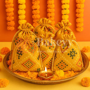 Bandhini Print Potli Bag with Drawstring – Festive Gift Pouch | Yellow | Pack of 10 - Bakeyy.com - India - Bandhini Print Potli Bag with Drawstring – Festive Gift Pouch | Yellow | Pack of 10 - 10x14 cm