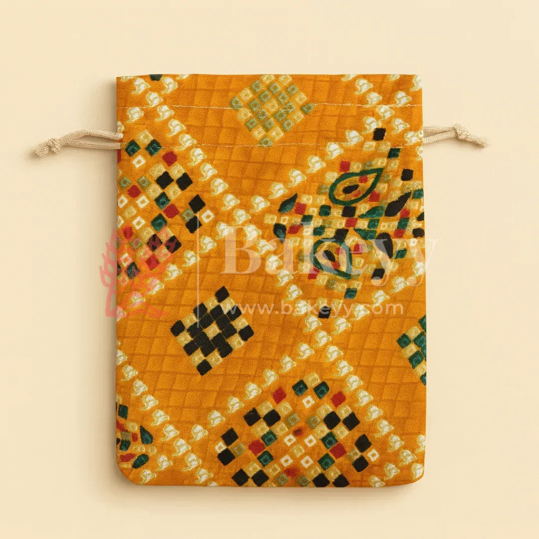 Bandhini Print Potli Bag with Drawstring – Festive Gift Pouch | Yellow | Pack of 10 - Bakeyy.com - India - Bandhini Print Potli Bag with Drawstring – Festive Gift Pouch | Yellow | Pack of 10 - 10x14 cm