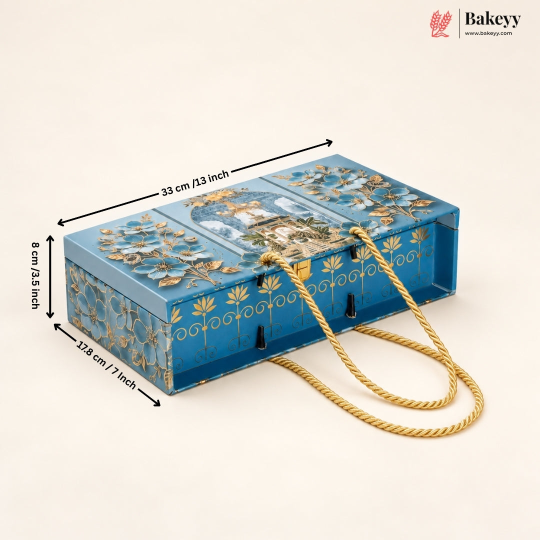Blue Floral MDF Hamper Box with 3 Glass Jars | Pack of 1