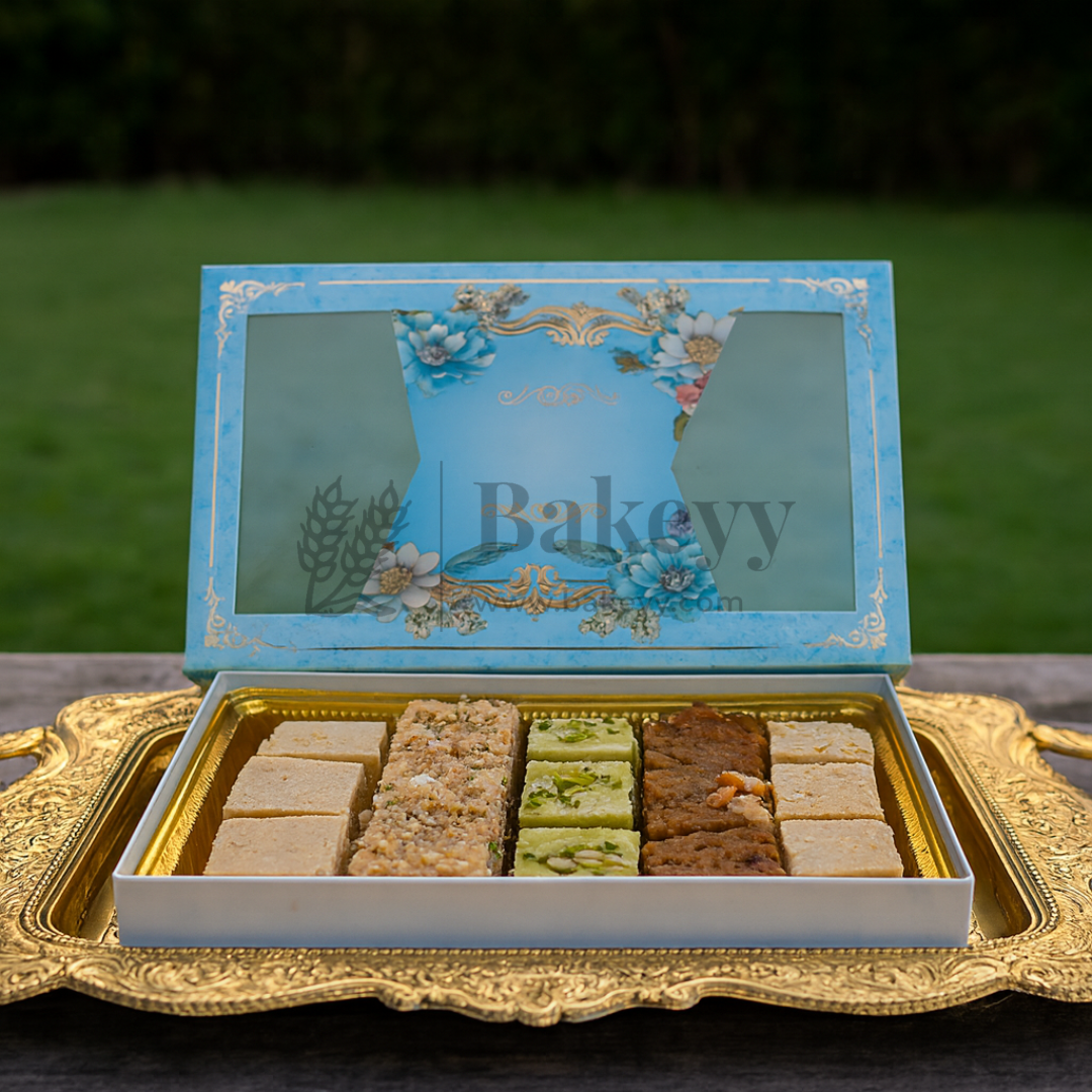 One Kg Sweet Box | Light Blue Sweet Box with Golden tray | Pack of 10