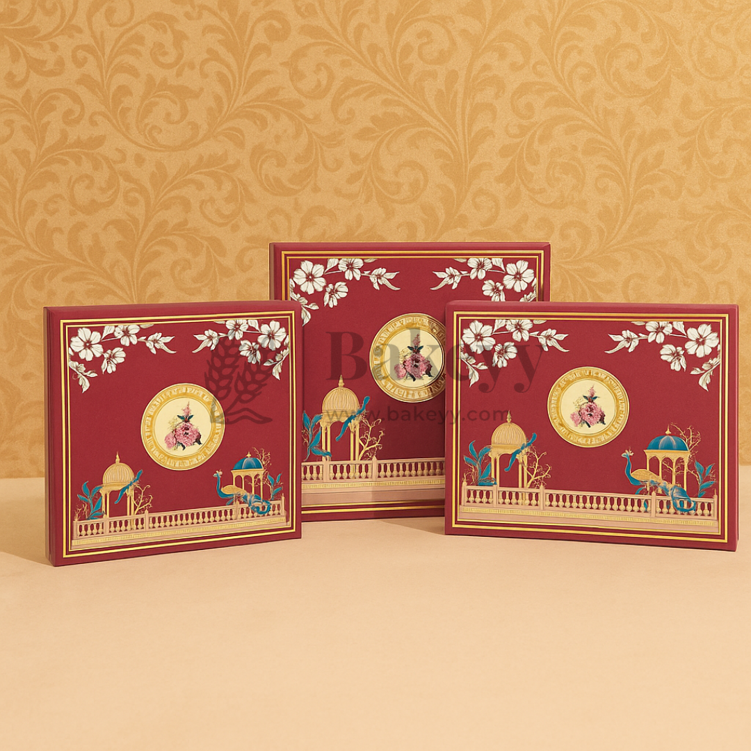 Royal Maroon and Gold Floral Sweet Box with Cavities | Pack of 10