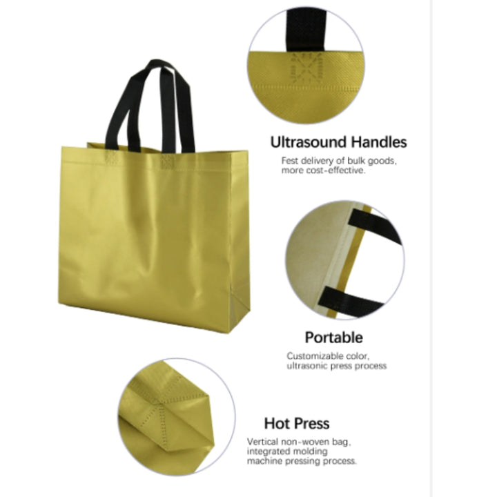 PVC Lamination Bags, Golden Bag with Black Handles, Non Woven Design, 4 sizes available - Bakeyy.com