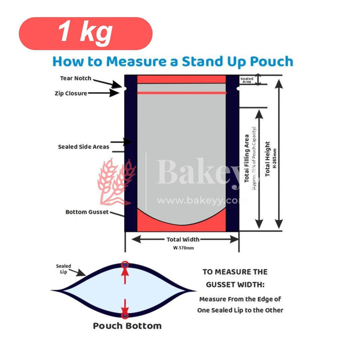 1 Kg | Zip Lock Pouch | Silver Pouch With Full Window | 17x26.5 CM | Standing Pouch - Bakeyy.com