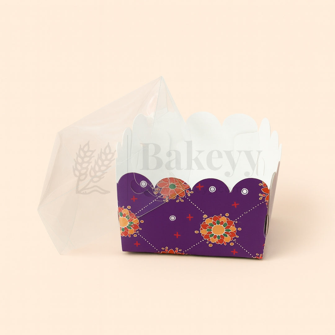 Purple Floral Print 1 Brownie Box With Transparent Lid | Pack of 50