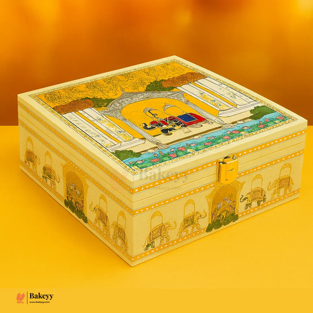 24x24x9 cm | Royal Pichwai Decorative Square Gift Box – Handcrafted Hard Box Storage with Lock | Pack of 1