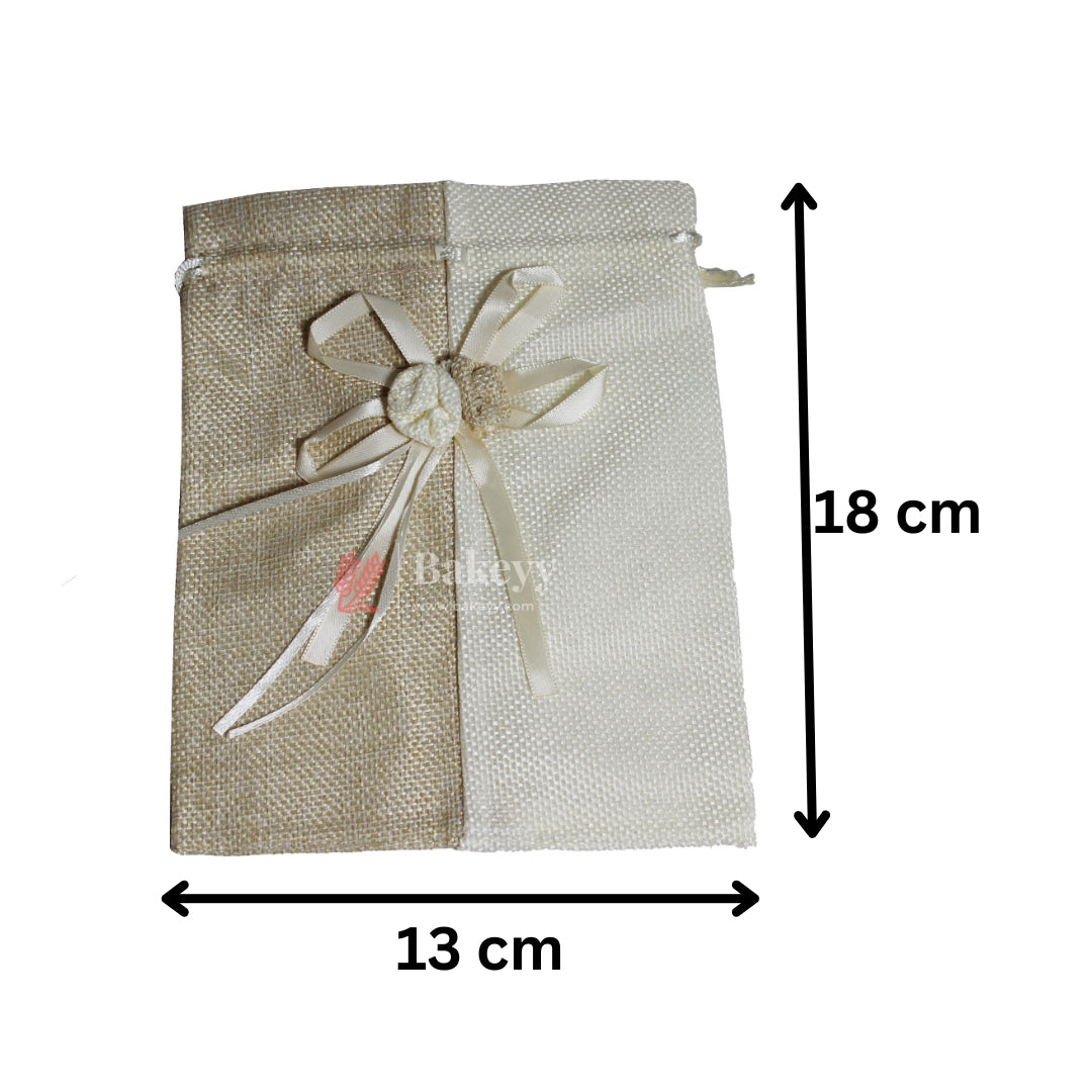 13x18cm| Beige & Cream Jute Potli Bag with Floral Accent | Traditional Potli Bag | Wedding Favor Bag | Jewelry Pouch | Floral Accent Gift Bag | Pack of 10