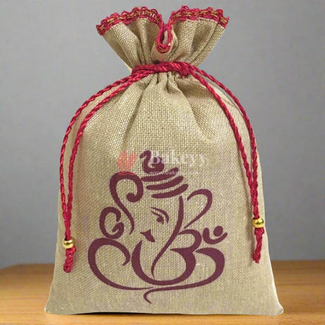 13x20 CM | Jute Potli Bag | Gift Return Gifts Bags| Lord Ganesh Printed Jute Bag | Drawstring Bags - Bakeyy.com - India - 13x20 CM | Jute Potli Bag | Gift Return Gifts Bags| Lord Ganesh Printed Jute Bag | Drawstring Bags - Pack of 50 / 5x8 Inch