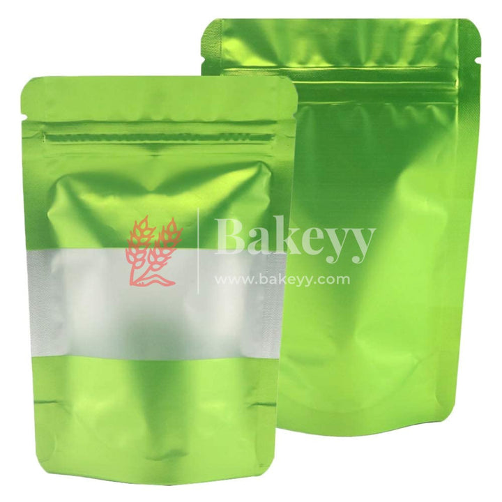 250 gm | Zip Lock Pouch | Green Color With Window | 13.5x22 CM | Standing Pouch - Bakeyy.com