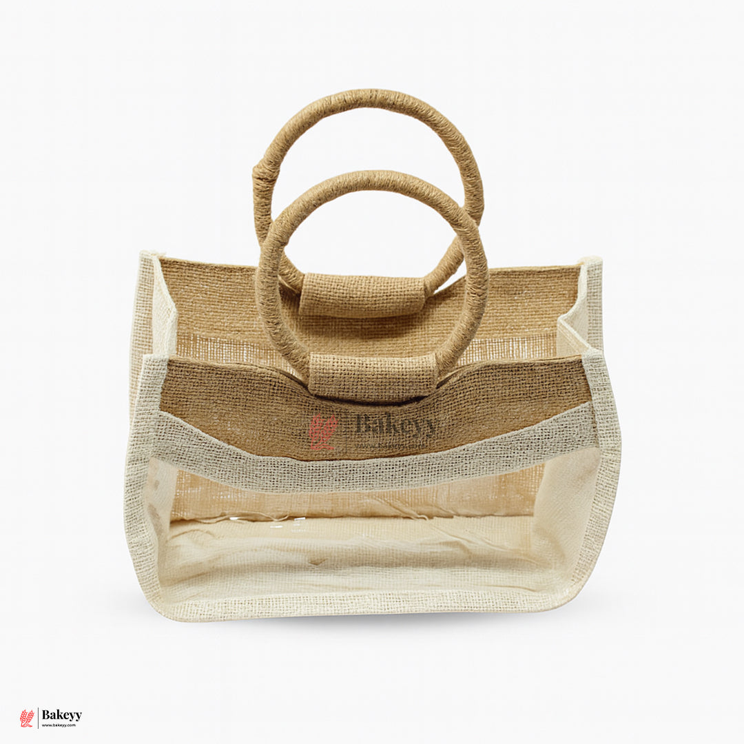 20x20x15 CM | Beige & Cream 4 Jar Jute Gift Bag with Window & Round Handles – 1 Piece