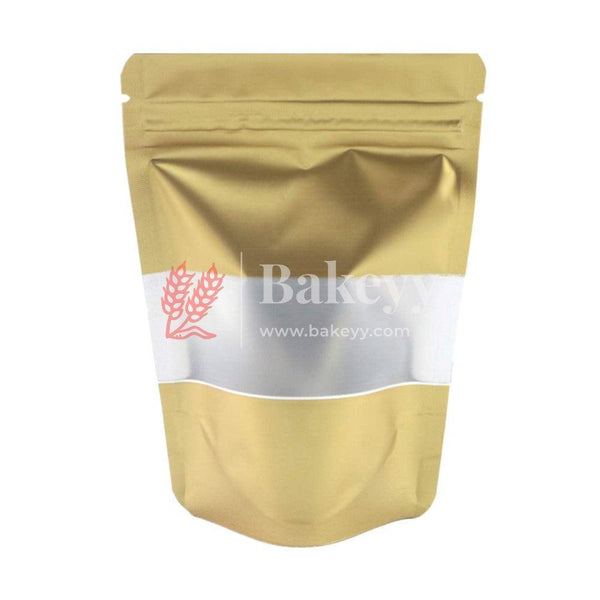 500 gm | Zip Lock Pouch |Gold Color With Window | 16x23 CM | Standing Pouch | 110 GSM | - Bakeyy.com - India - 500 gm | Zip Lock Pouch |Gold Color With Window | 16x23 CM | Standing Pouch | 110 GSM | - Pack Of 50 / 16x23 cm / 500 gm