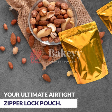 100 gm | Zip Lock Pouch | Gold Pouch Without Window | 10x17 CM | Standing Pouch | 110 GSM | - Bakeyy.com - India - 100 gm | Zip Lock Pouch | Gold Pouch Without Window | 10x17 CM | Standing Pouch | 110 GSM | - Pack Of 50 / 10x17 cm / 100 gm