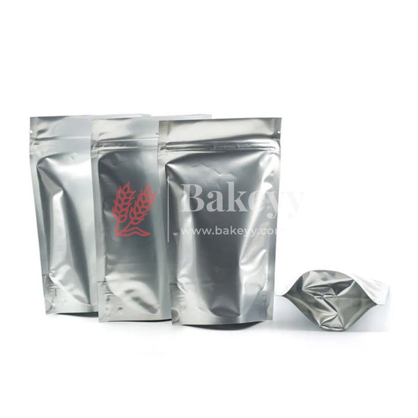 50 gm | Zip Lock Pouch | Silver Pouch Without Window | 10x13.5 CM | Standing Pouch - Bakeyy.com