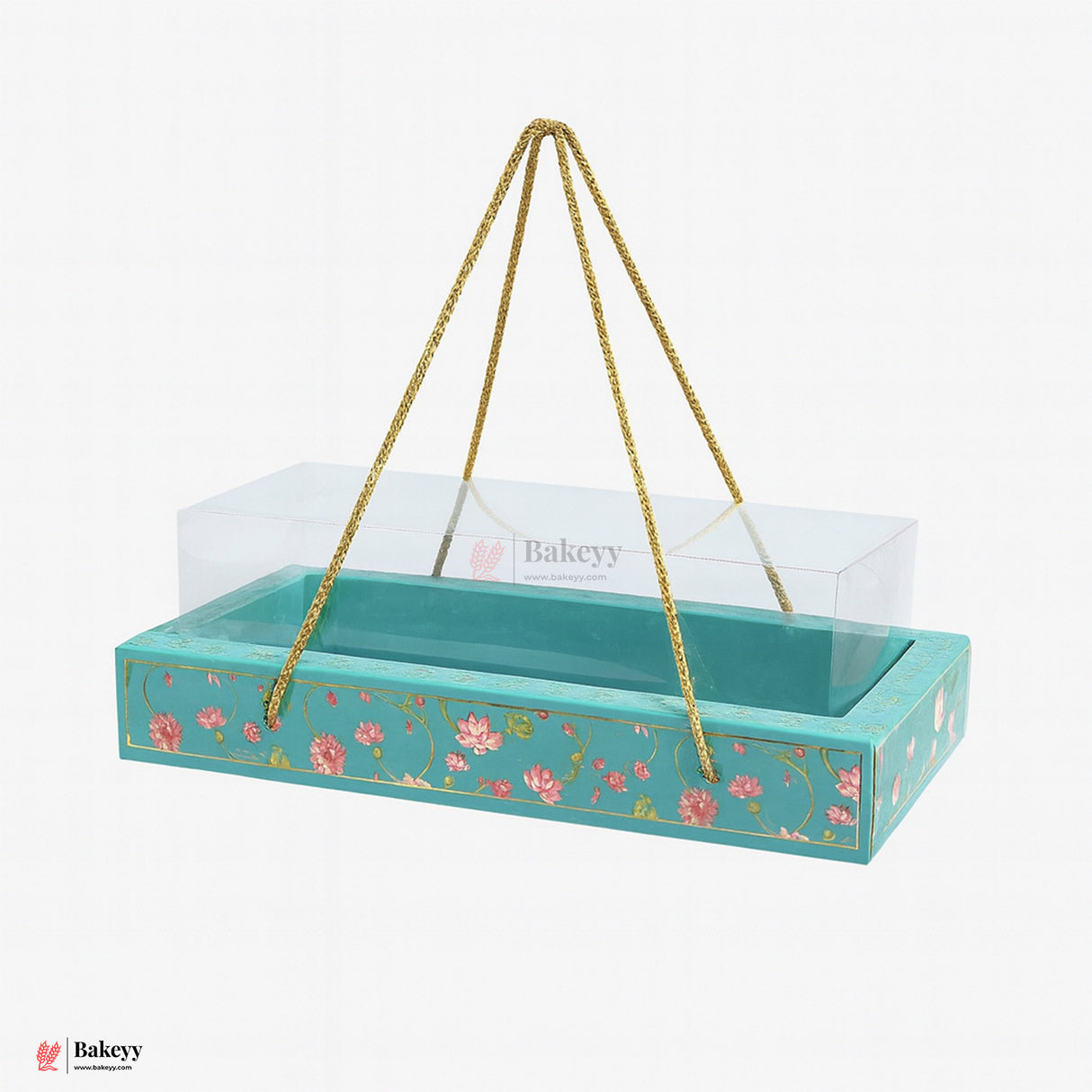 30.5x13x10cm |Turquoise Floral Gift Box with Transparent Lid & Golden Rope Handle – Empty Hamper Packaging Box  | Pack of 10