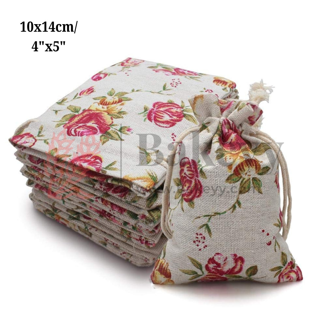 10x14cm| Floral Rose Jute Drawstring Bag| Jute Potli Bags| Gift Bags, Jewellery Pouches| DIY Craft Potli| Pack of 10